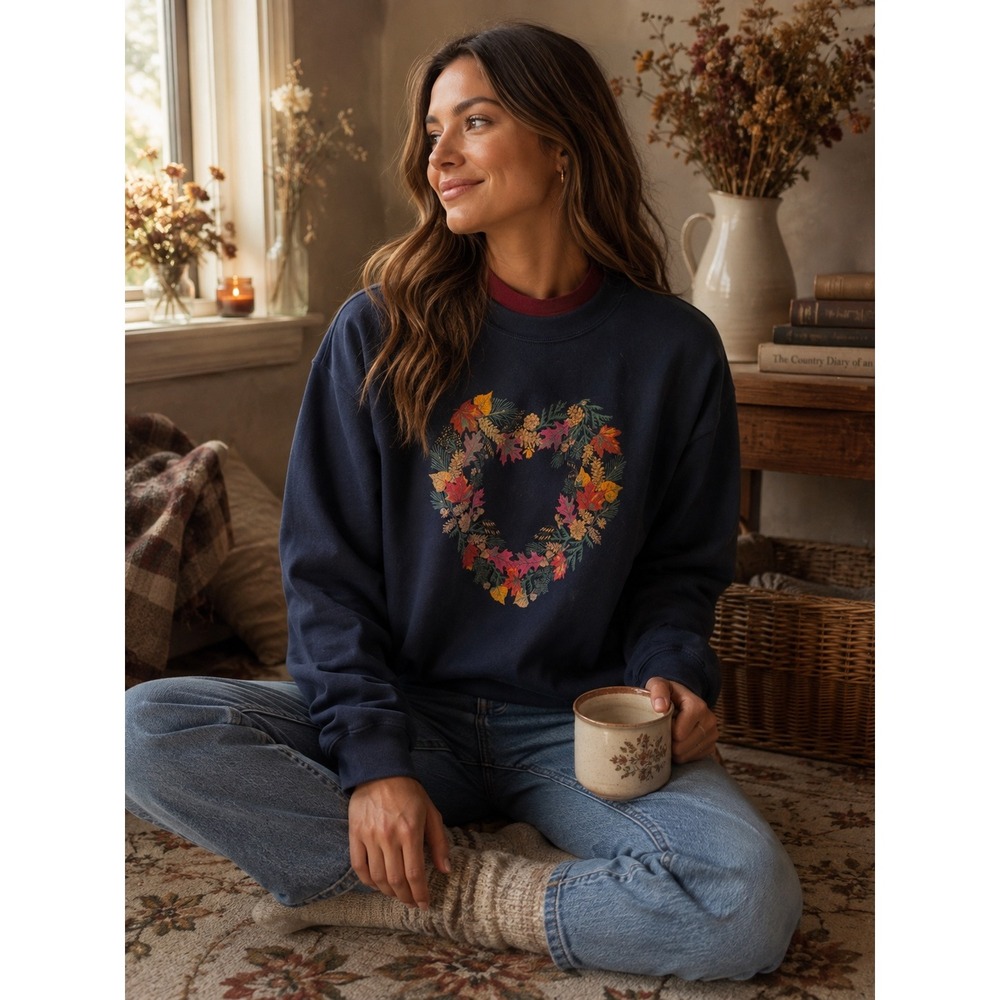 Artisans Vintage Navy Autumn Leaf Heart Wreath Sweatshirt XXL Double Neck Fall